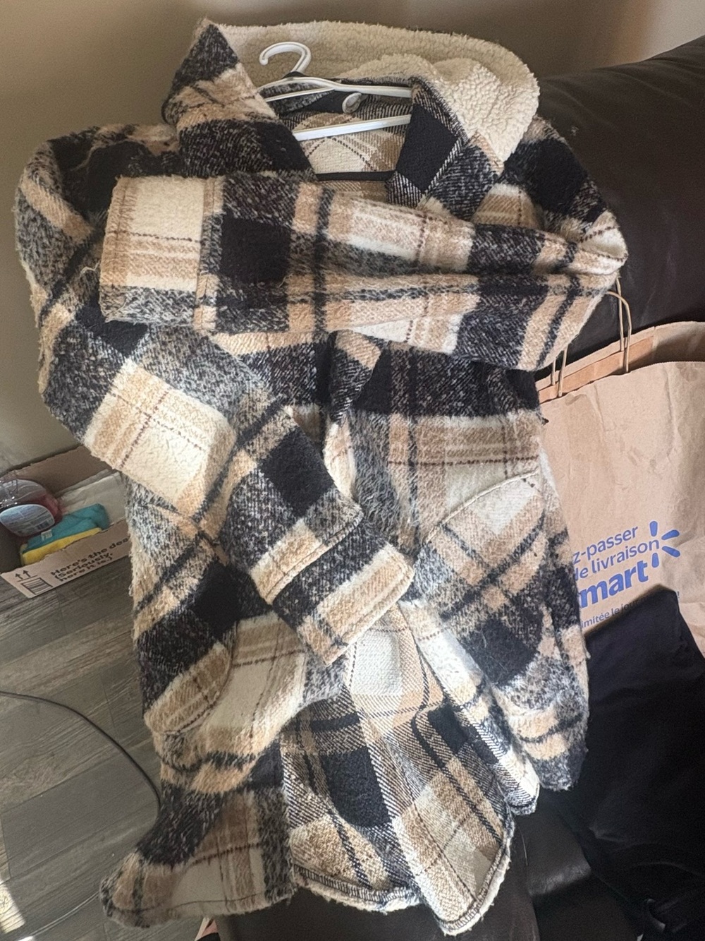 Sherpa-Lined Plaid Teddy Jacket in Black and Cream